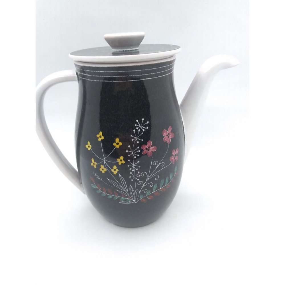 Vtg Swiss Fritz Haussmann Bauhaus faded style black wild floral teapot